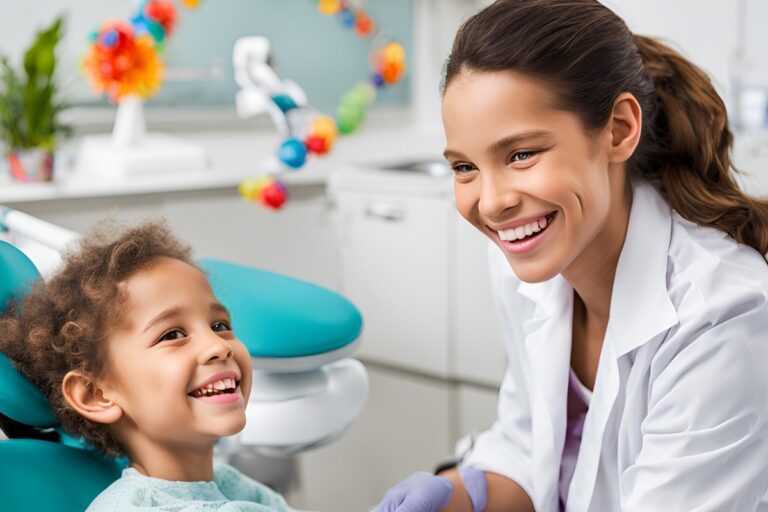 A child smiling during a dental check-up by pediatric dentist