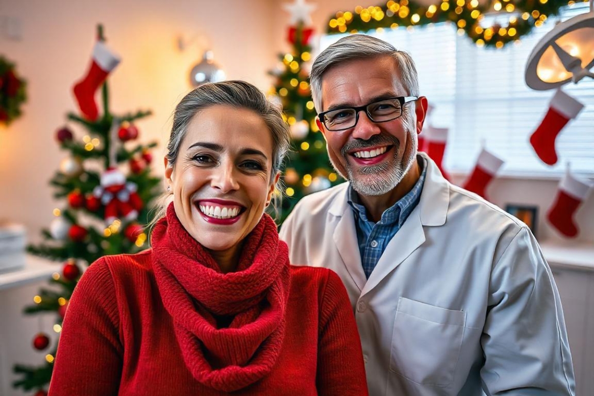 A dentist and a patient in a dental office with a Christmas theme teeth whitening treatment