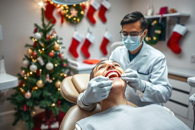 dentist providing a professional teeth whitening treatment to the patient before Christmas