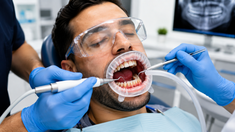 Dentist performing periodontal treatment to remove plaque and bacteria below the gumline