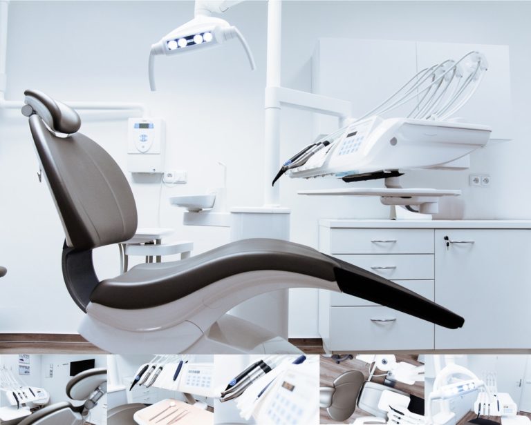 A dental exam chair with a row of dental tool detail photos underneath